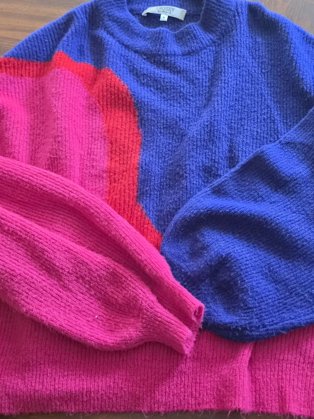 crosby. Abstract Colorblock Crewneck Sweater in Bright Pink & Royal Blue